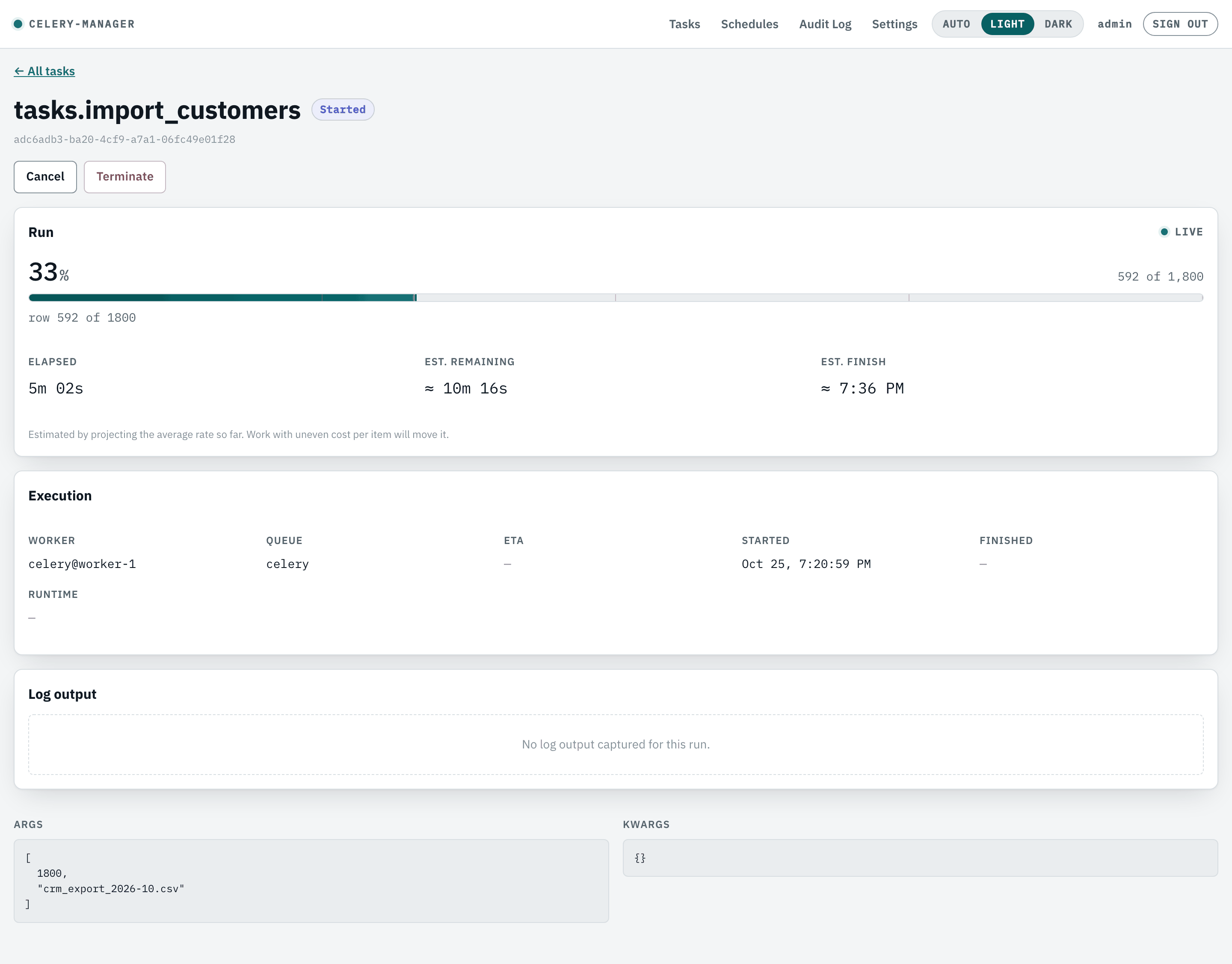 Task detail for a running import with a live progress bar and cancel and terminate controls