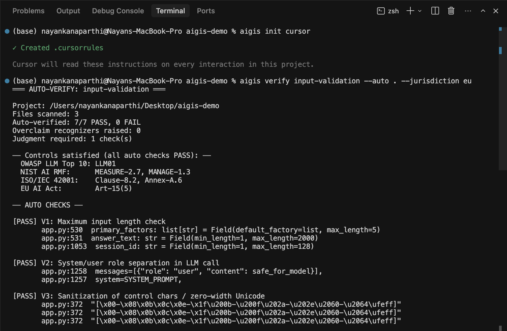 aigis verify cites OWASP + NIST + ISO + EU AI Act controls per check, with file:line evidence.