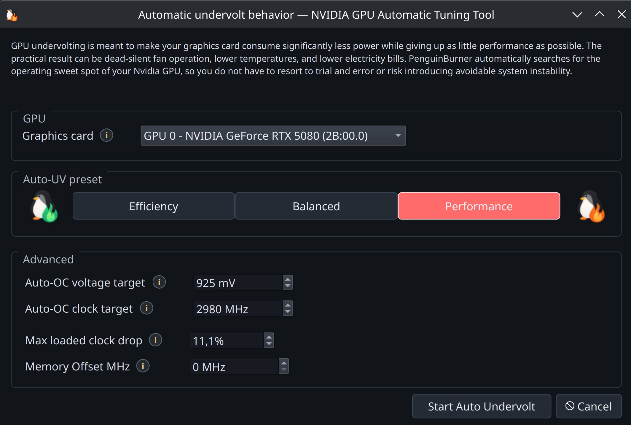 Auto-UV setup: GPU, preset, and Auto-OC targets
