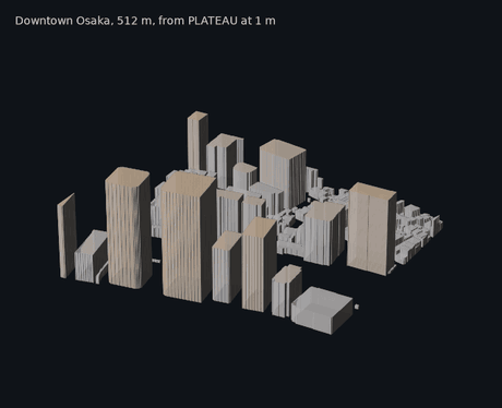A block of downtown Osaka built from PLATEAU data at 1 m