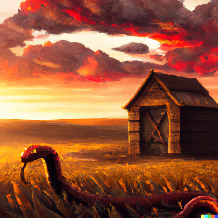 A Python in a field of wheat with a shed behind it, golden-red sunset in the background