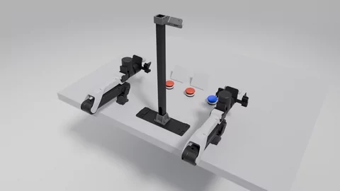Blender render of DeepSeek's frozen auto-research solution pressing buttons by number in RoboDojo, test layout 2