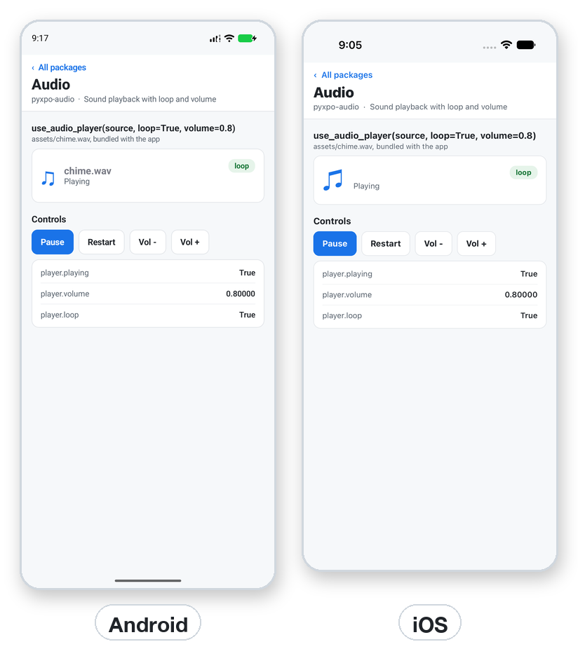 The audio module on Android and iOS: a chime playing in a loop with play, restart and volume buttons