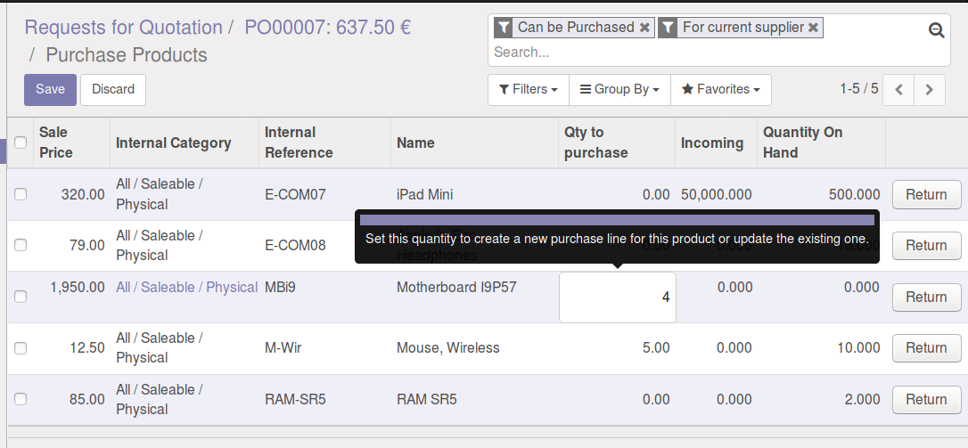 Purchase order Add product