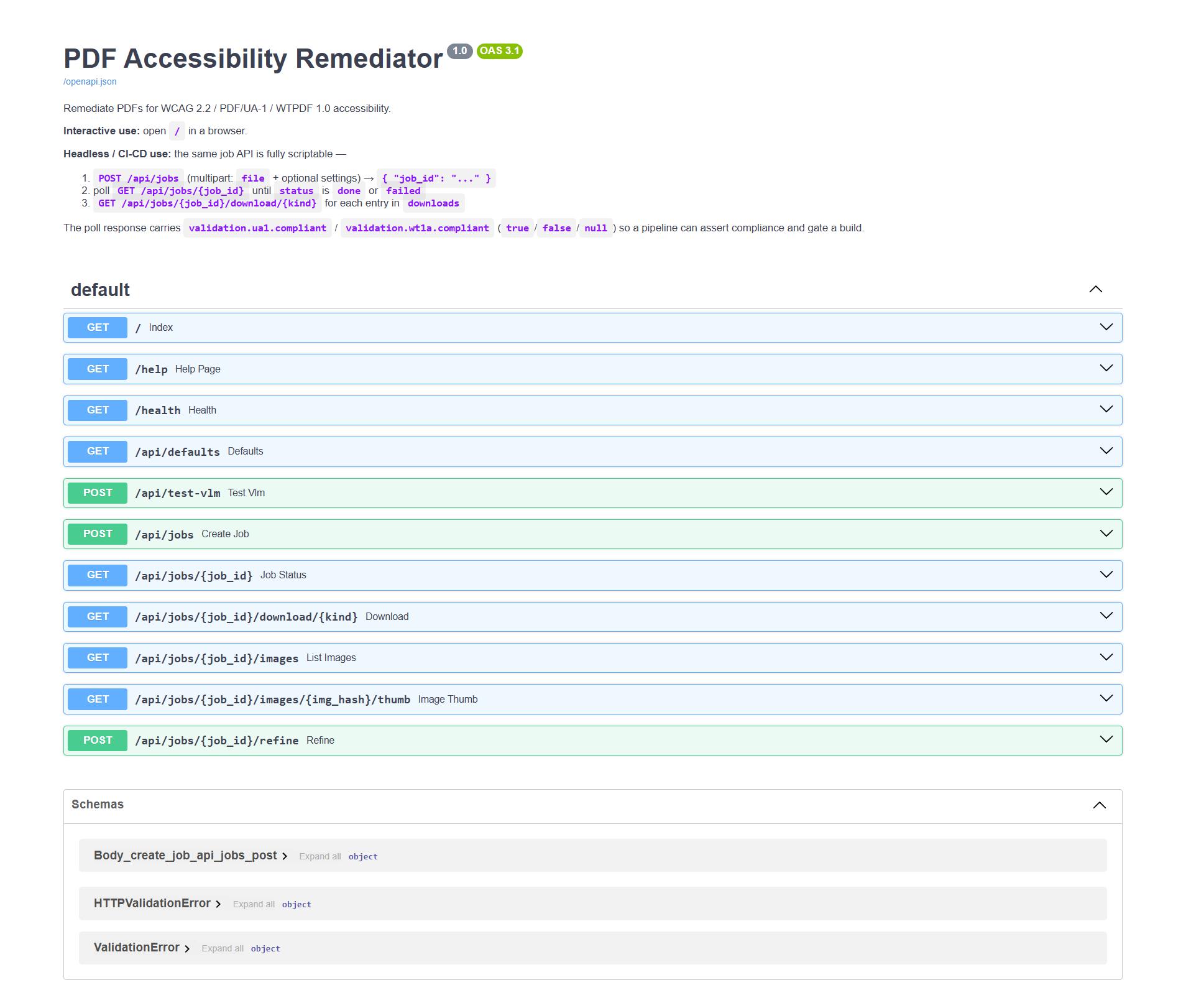 FastAPI auto-generated OpenAPI docs — every endpoint of the headless API listed with try-it-out forms