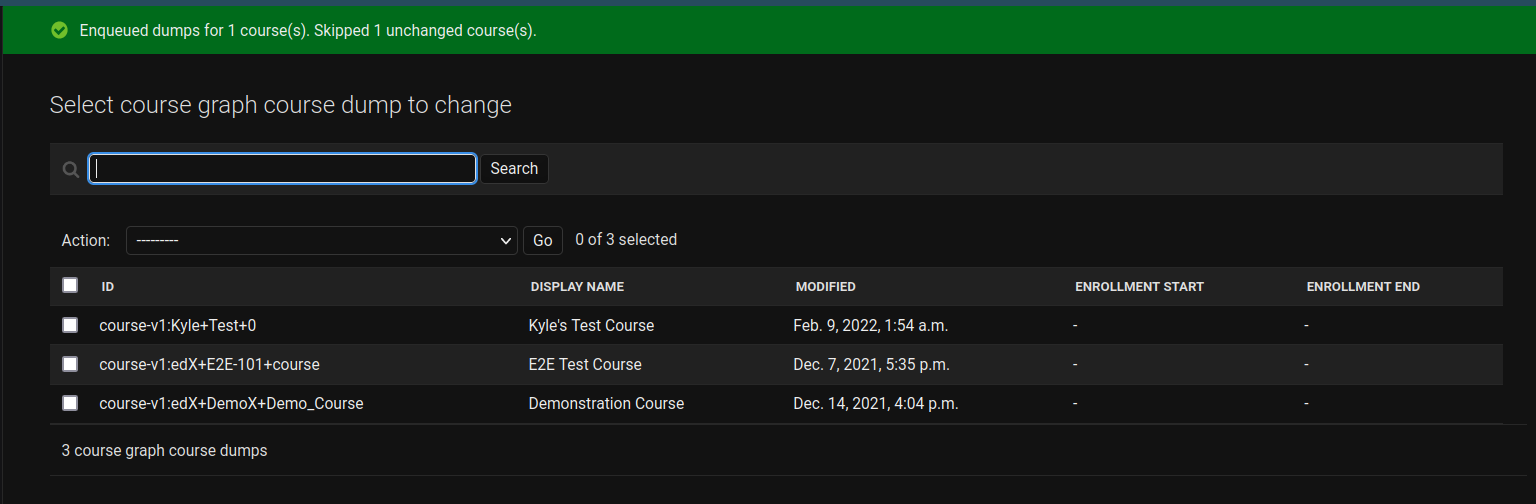 CourseGraph dump page in CMS admin console, showing message after course dumps are successfully enqueued