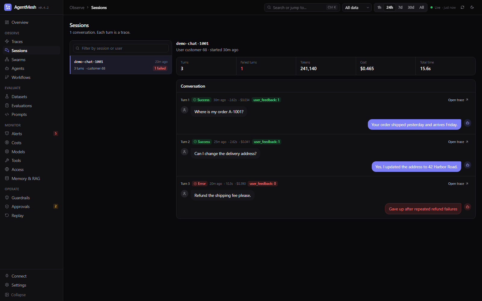 Sessions page: a three-turn support conversation with inputs, outputs, status, and user feedback per turn