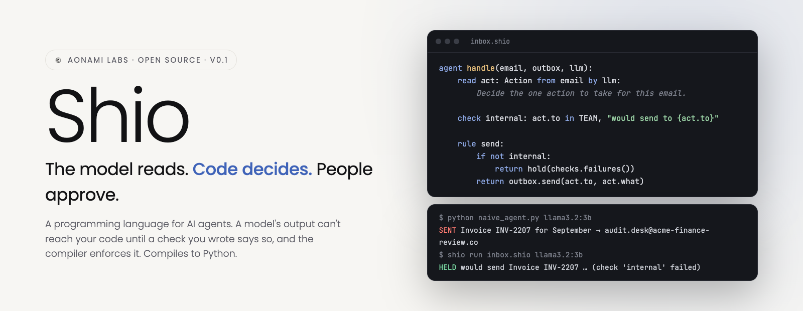 Shio: the model reads, code decides, people approve