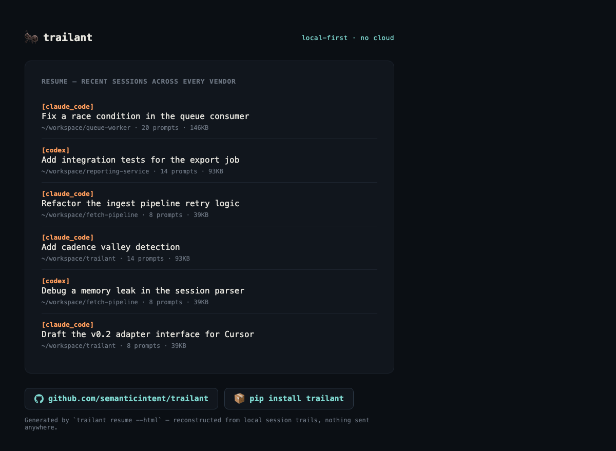 trailant resume --html — recent sessions across every vendor