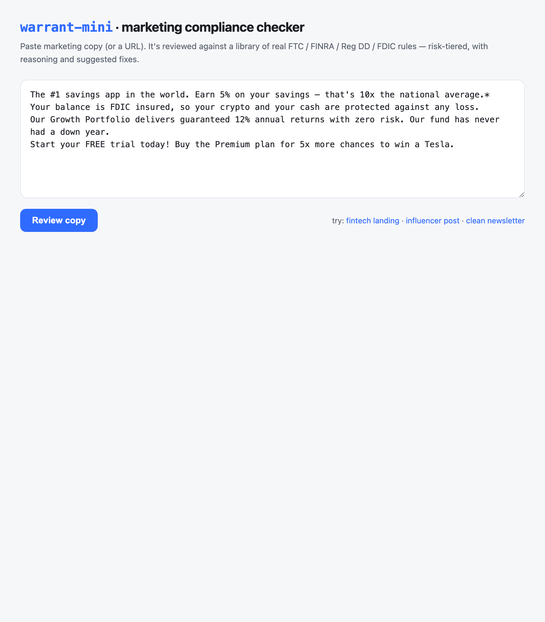 warrant-mini web UI — the input form with an example loaded