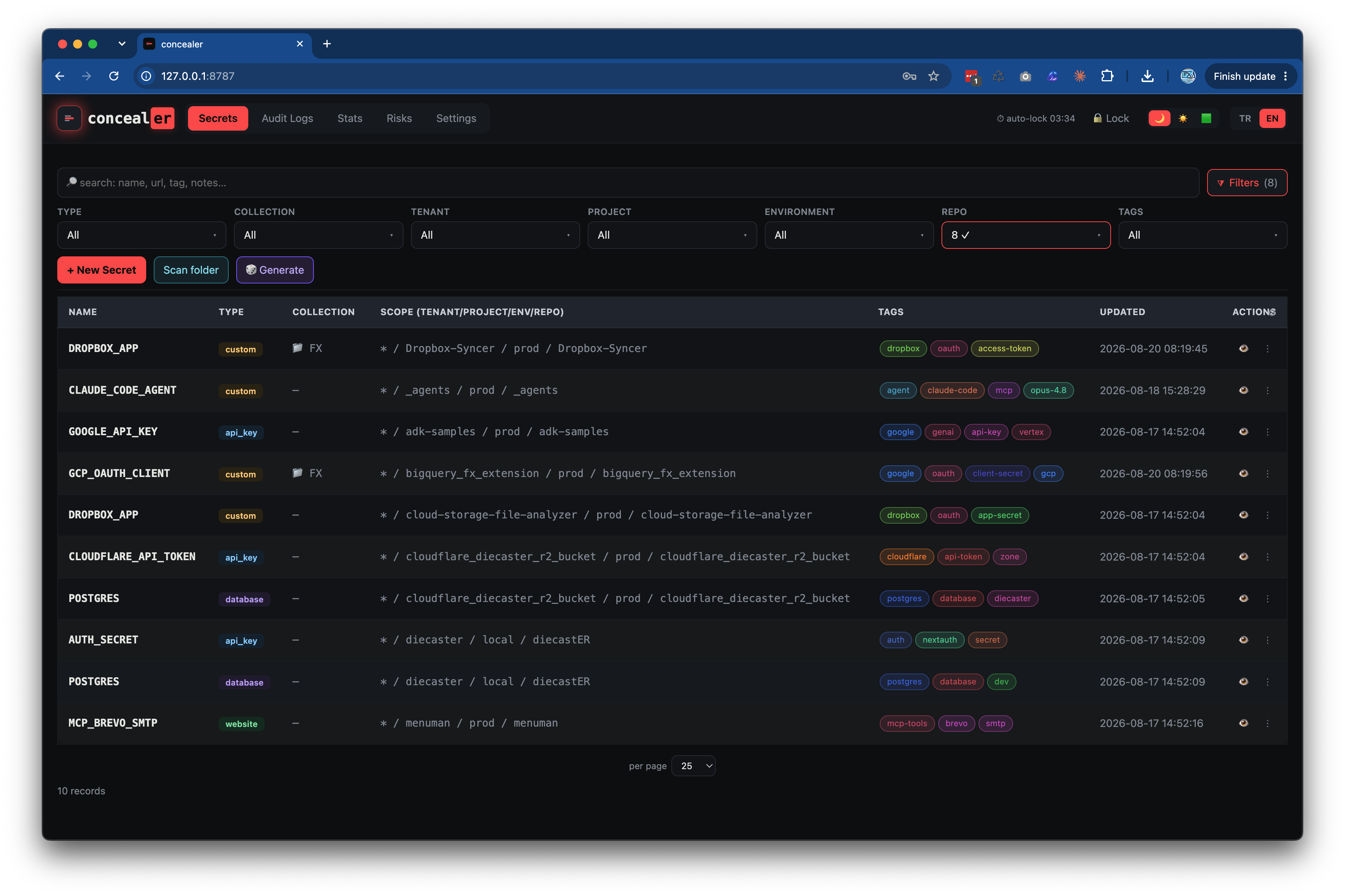 concealer Secrets — one searchable, scoped home for every credential across all your projects