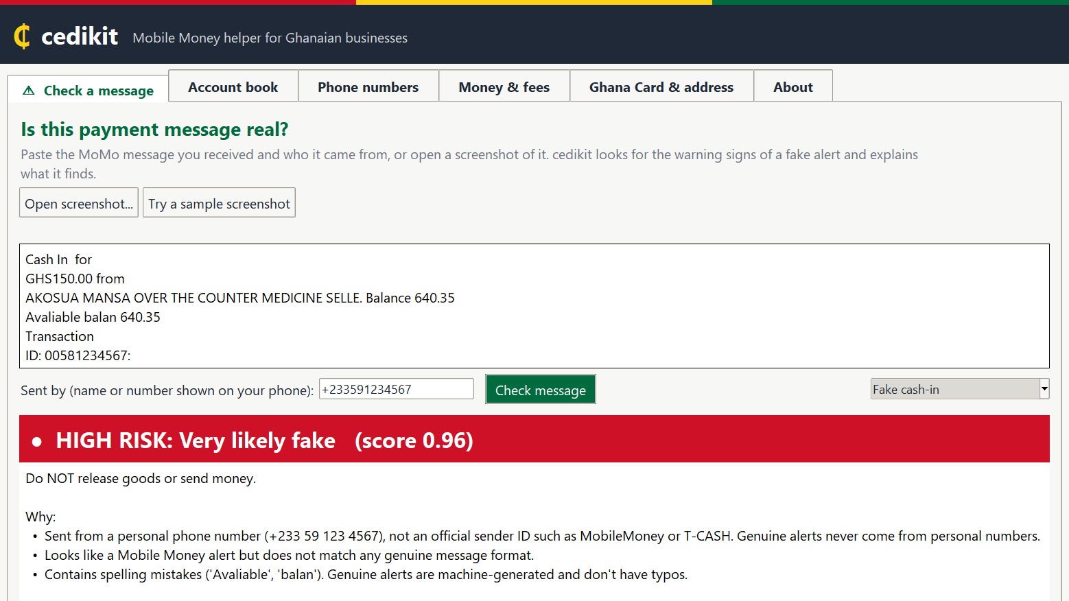 A fake cash-in alert flagged HIGH risk