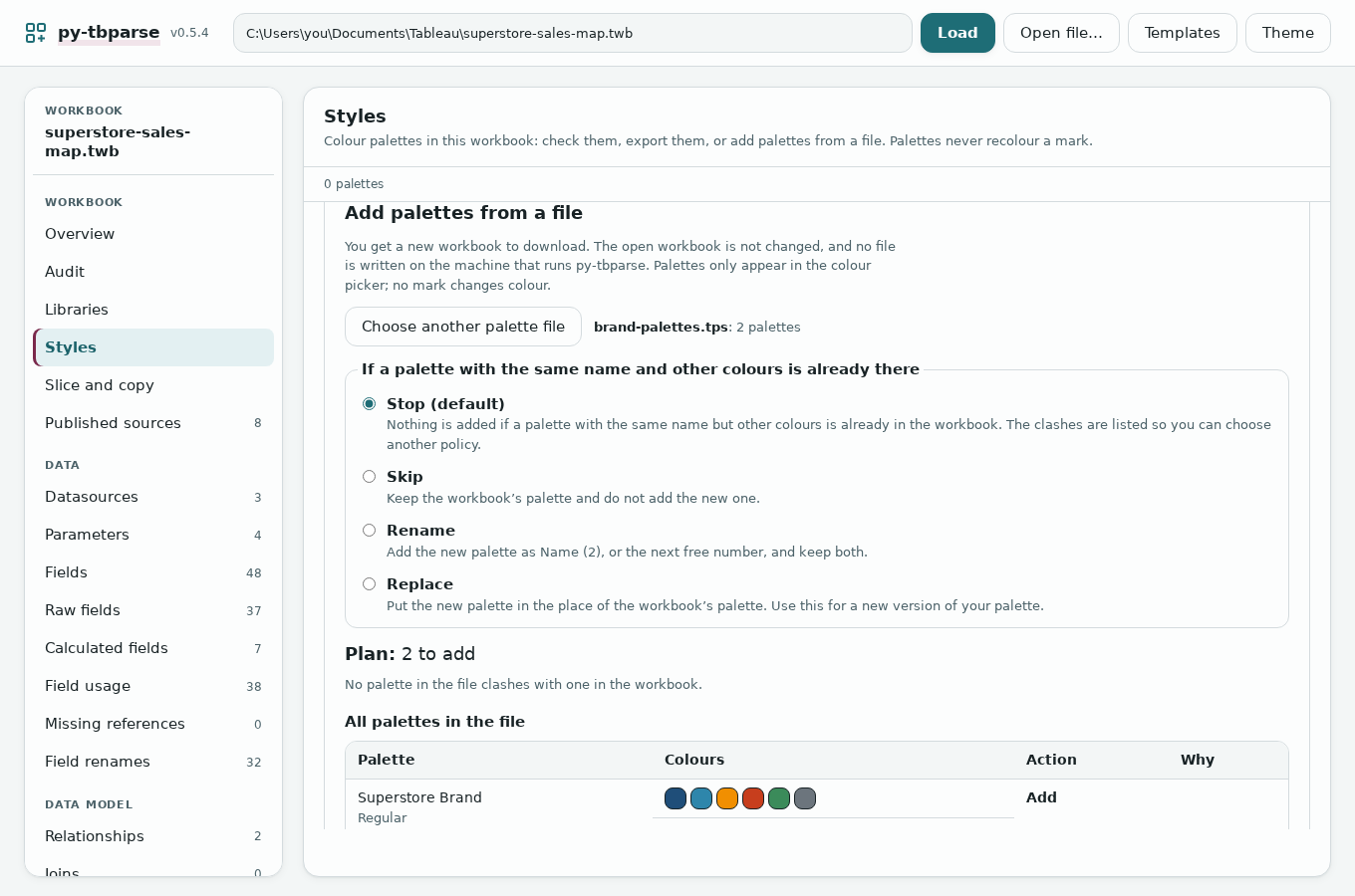Styles: brand-palettes.tps with 2 palettes, the four choices Stop, Skip, Rename and Replace, and Plan: 2 to add with the colour chips of Superstore Brand
