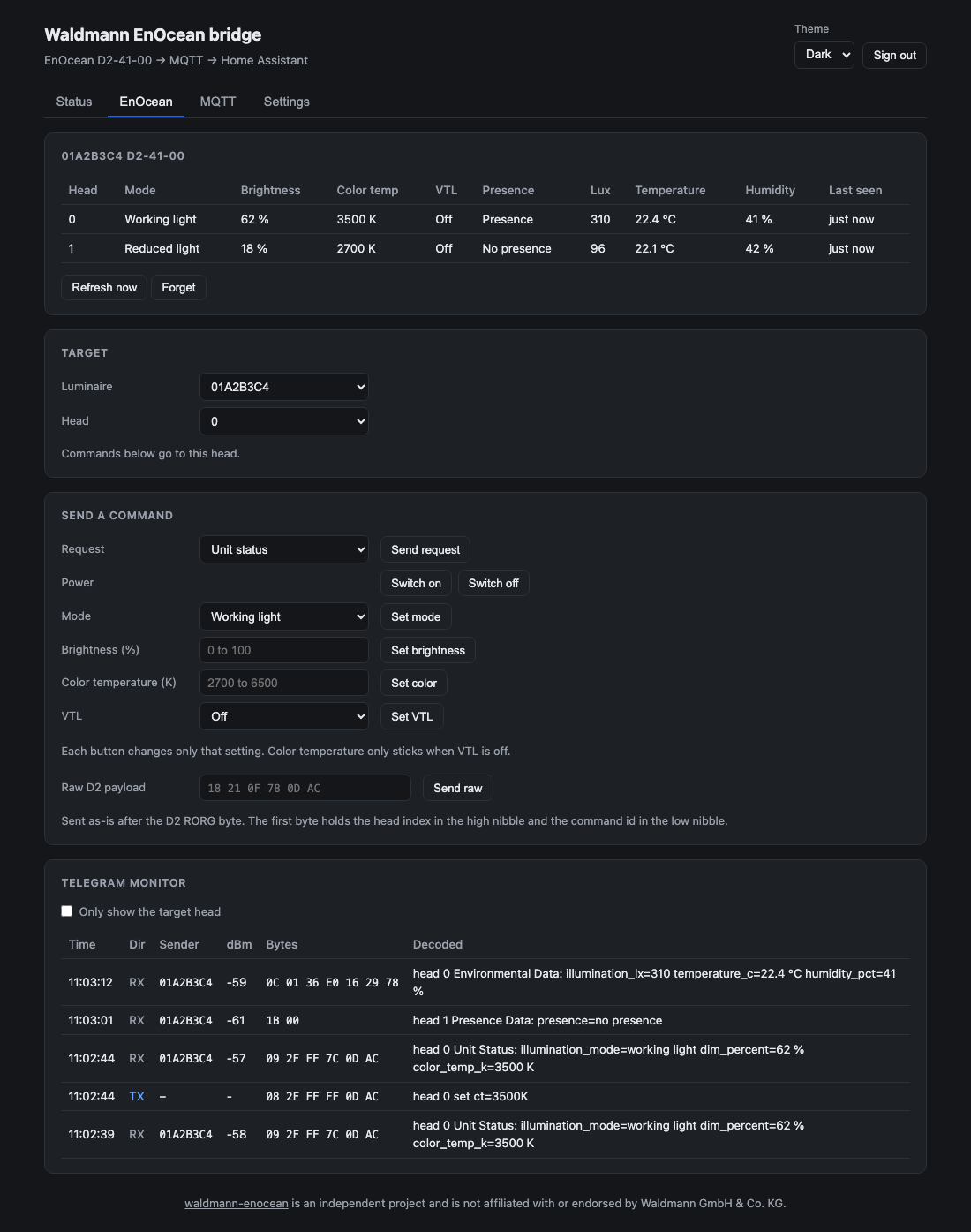 EnOcean tab of the web UI