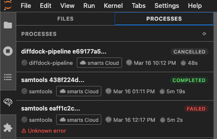 Processes panel tracking multiple pipeline runs