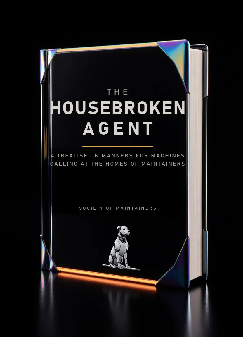 An obsidian book with chrome corners titled The Housebroken Agent, a treatise on manners for machines calling at the homes of maintainers