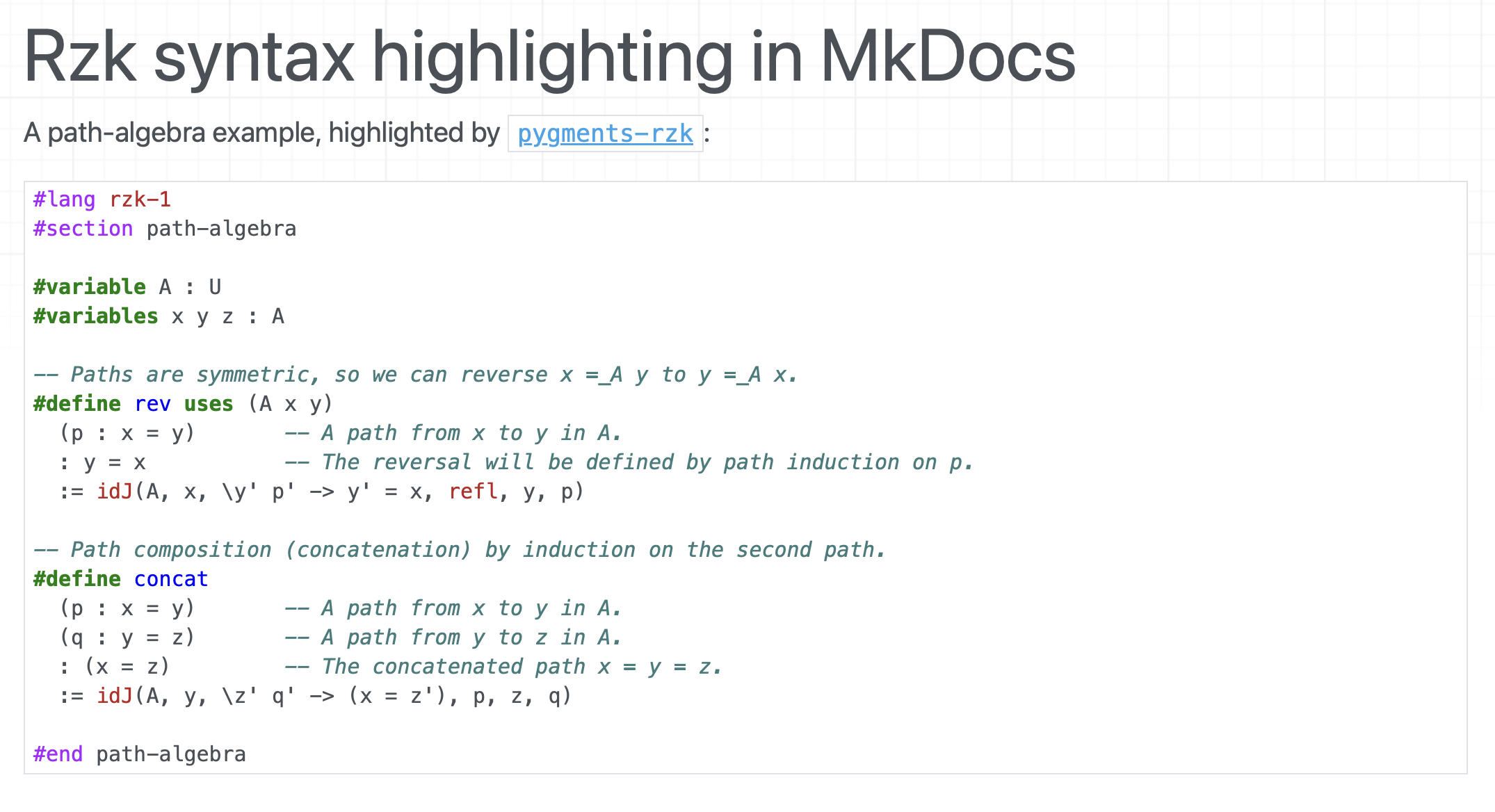 Rendering rzk code in MkDocs (demo).