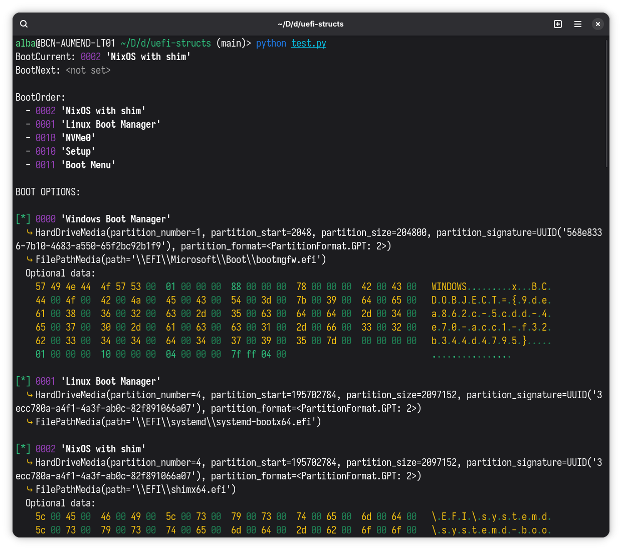 Terminal screenshot: it shows BootCurrent, BootNext, BootOrder and the defined BootOptions. Output is colorized and hexdumps are shown for the optional data section of boot options, if present