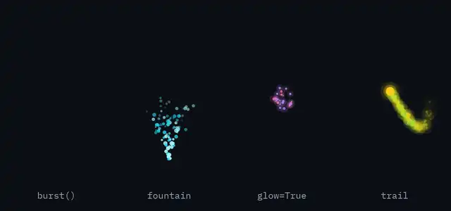 Particle bursts, a fountain, glowing particles and a trail