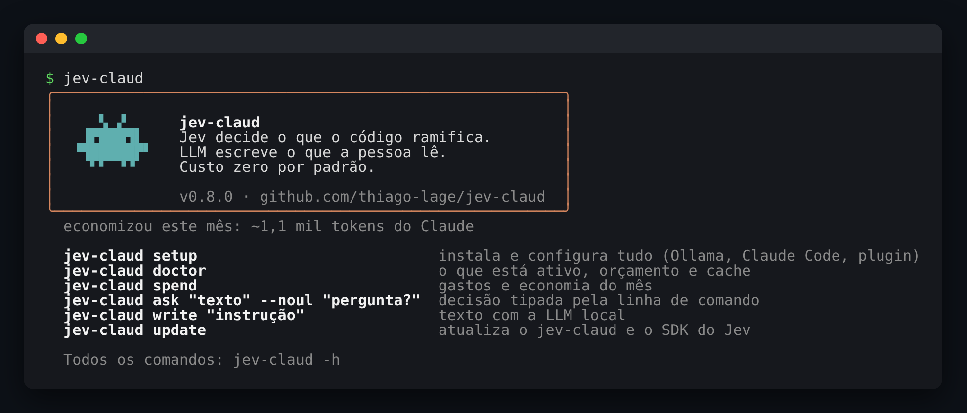 Terminal do jev-claud: o mascote em pixel art, os comandos principais e a economia de tokens do mês