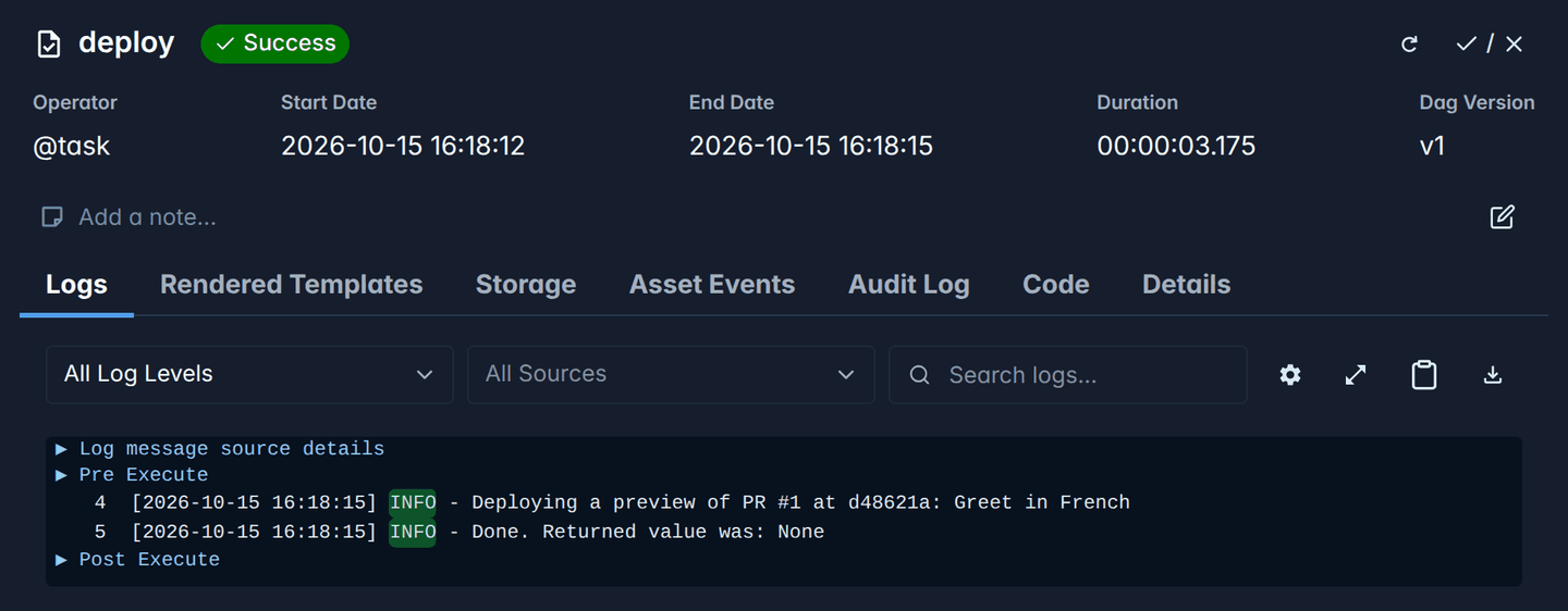 The log of deploy_preview's task: Deploying a preview of PR #1 at d48621a: Greet in French