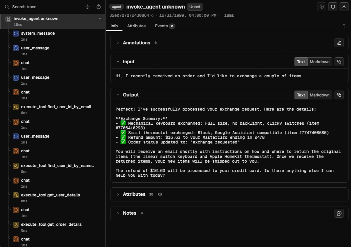 A tau-bench run in Arize Phoenix: system and user messages, chat steps and tool calls in a span tree, with the customer's request and the agent's final answer