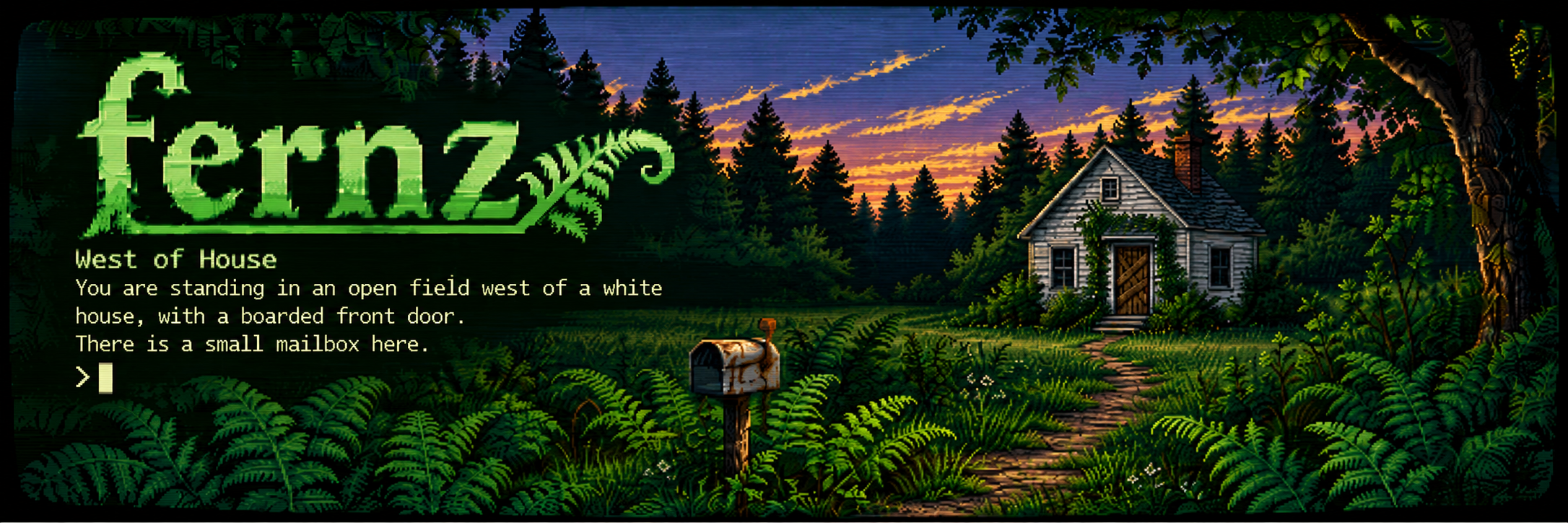 Fernz banner: a white house and mailbox surrounded by ferns