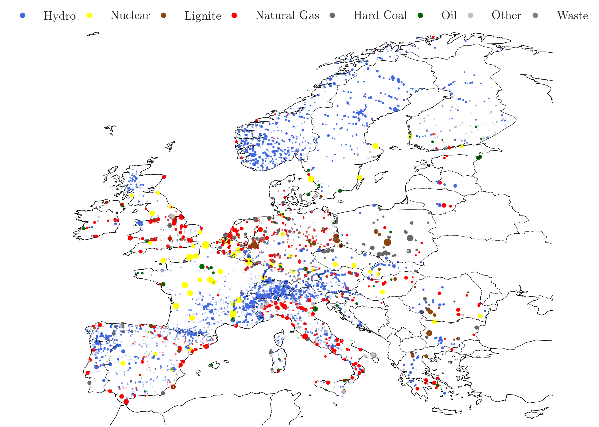 Map of power plants in Europe