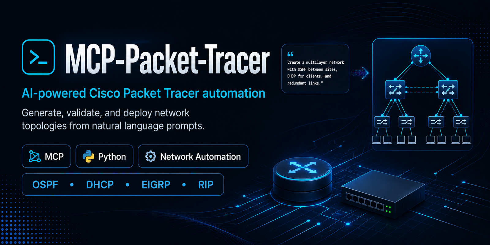 Packet Tracer MCP — AI-powered Cisco Packet Tracer automation: generate, validate and deploy network topologies from natural-language prompts