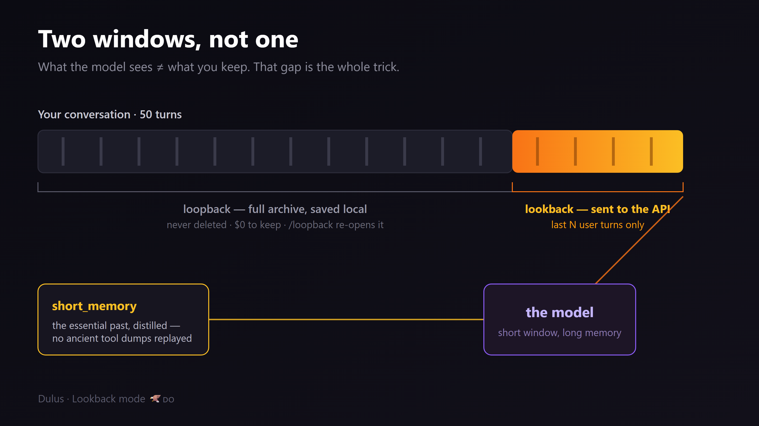 Lookback — the model sees a small window while the full archive stays local (loopback)
