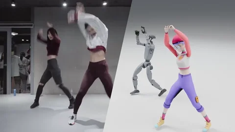 Studio dance video split on a diagonal with Leonard and Michelle repeating both dancers' motion