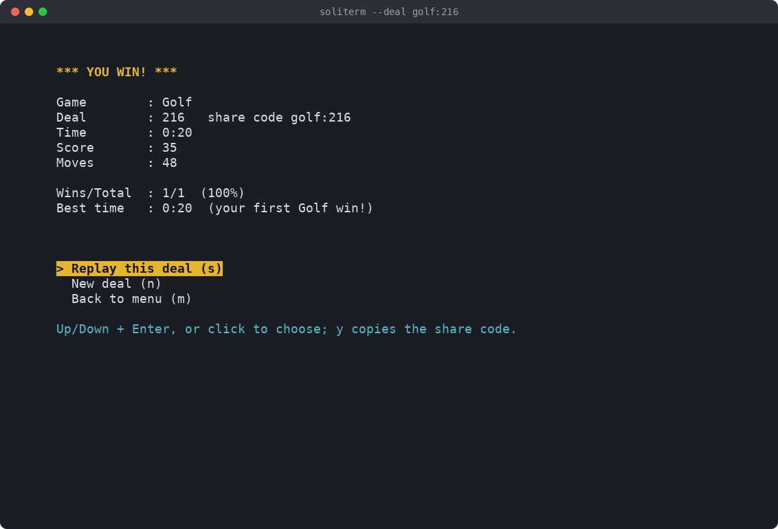 The win screen after Golf deal 216: the time, the score, 48 moves, the share code golf:216, one win in one game and the best time, then the choices Replay this deal, New deal and Back to menu, each with the key that picks it, and a line saying y copies the share code.