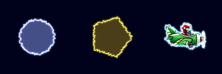 The program above running: electric arcs flicker around a blue circle, a gold pentagon and a red plane.