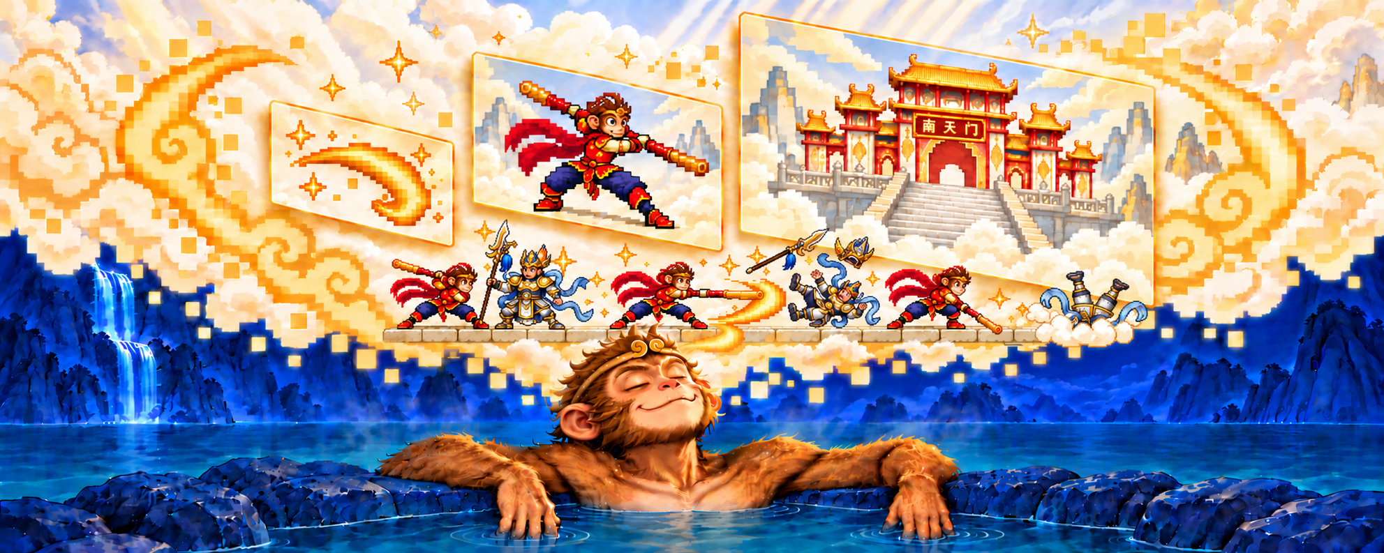 SPA: Sun Wukong relaxes in a spa while memories of Havoc in Heaven become pixel art layers and animation frames