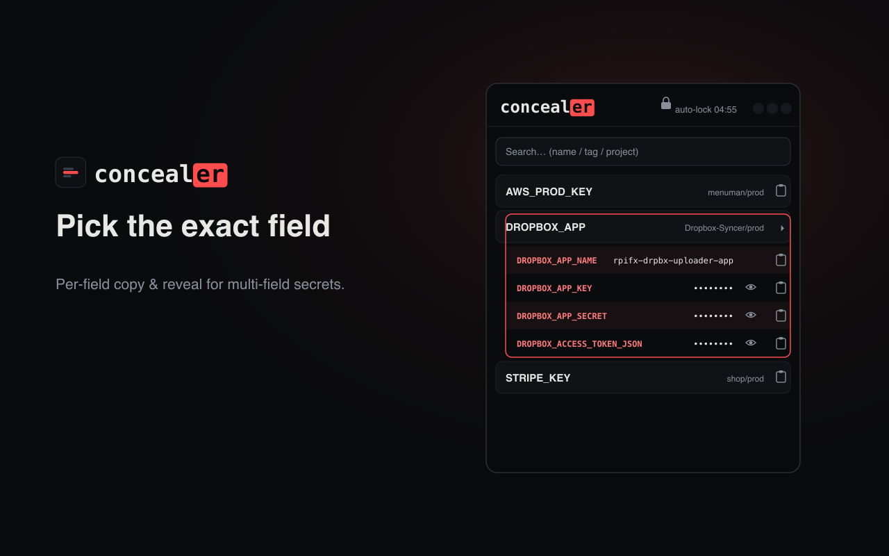 concealer Chrome extension — per-field copy for multi-field secrets