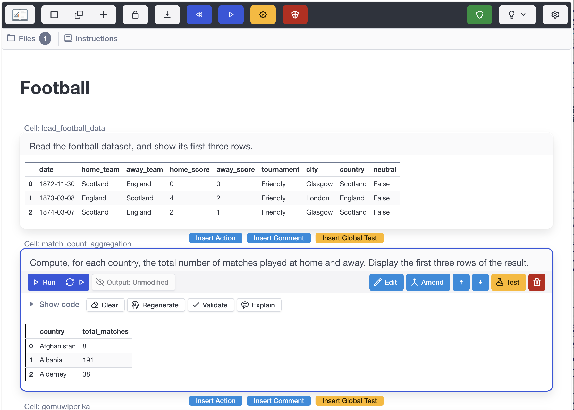 A plainbook analyzing soccer World Cup data, showing plain-language cells next to the code generated from them