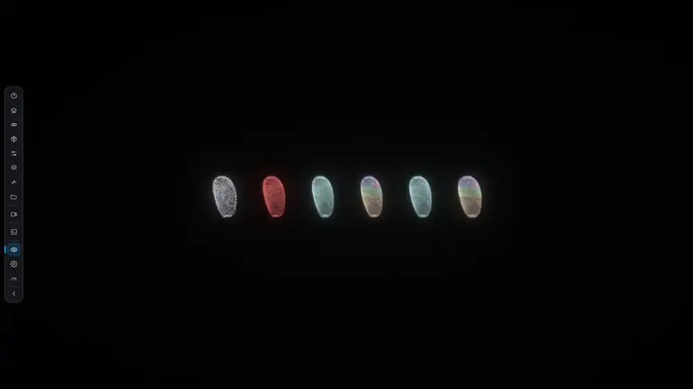 The six LOD recipes built from one Tribolium fit, shown side by side as six embryos, then up close: the levels column swapping from its coarse level to its finest as the camera approaches, the tiles column, and the adaptive column
