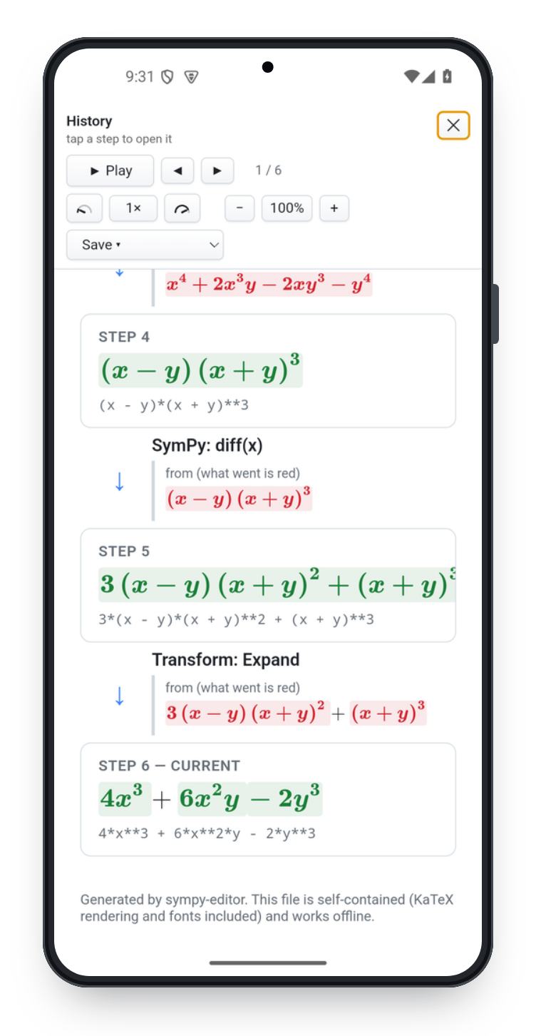 A derivation's history on Android, each step's change marked in red and green