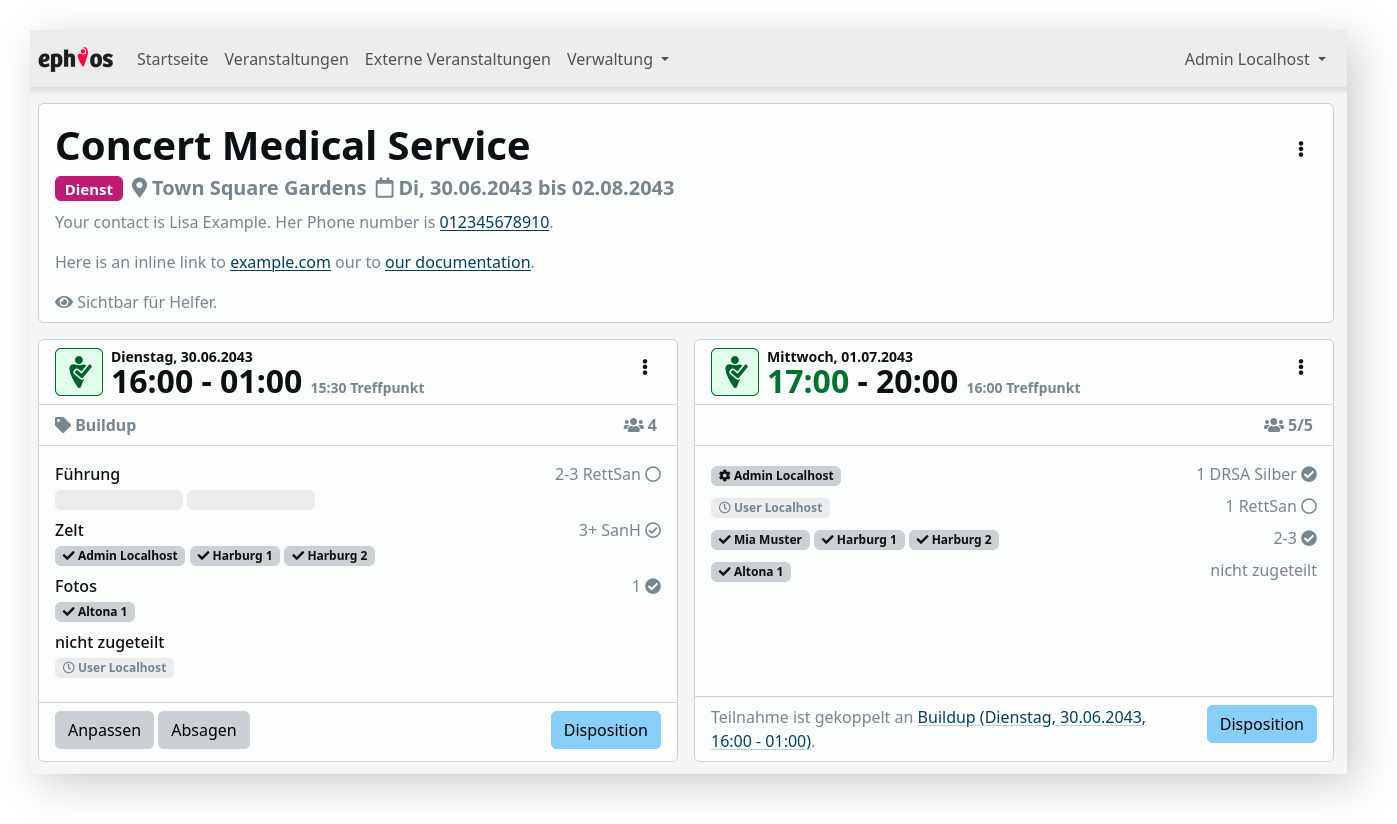 event detail page of some test event with description and multiple shifts