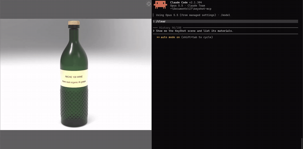 Claude Code reads the KeyShot scene, changes the bottle glass three times, then undoes all the changes.