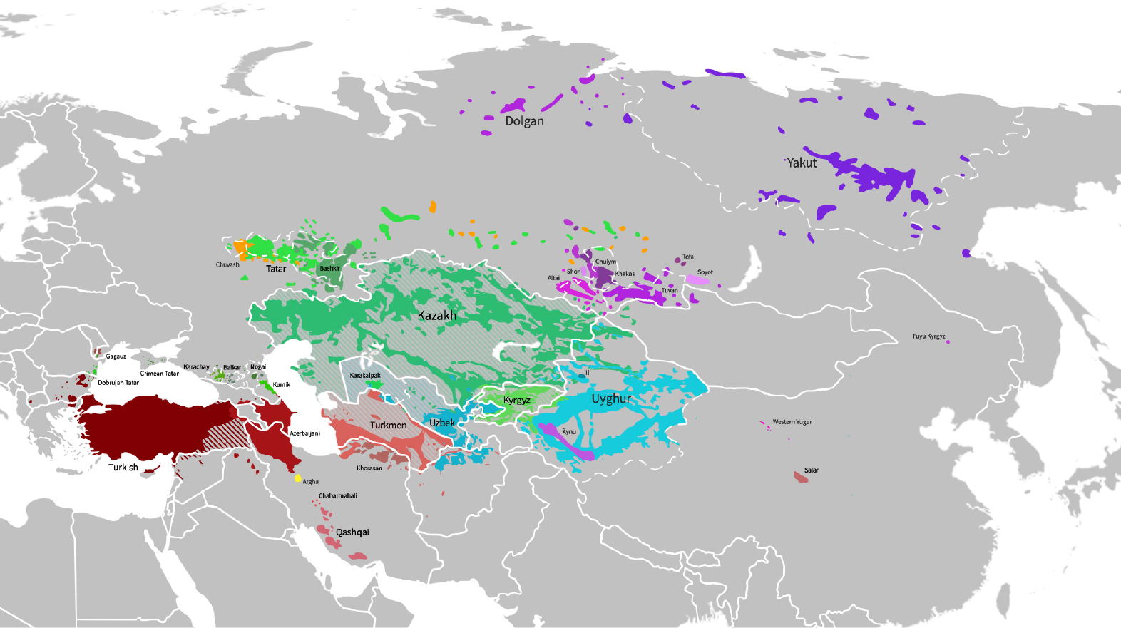Distribution map of Turkic languages