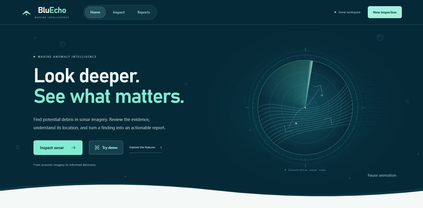 BluEcho homepage with its ocean palette, sonar illustration and inspection controls