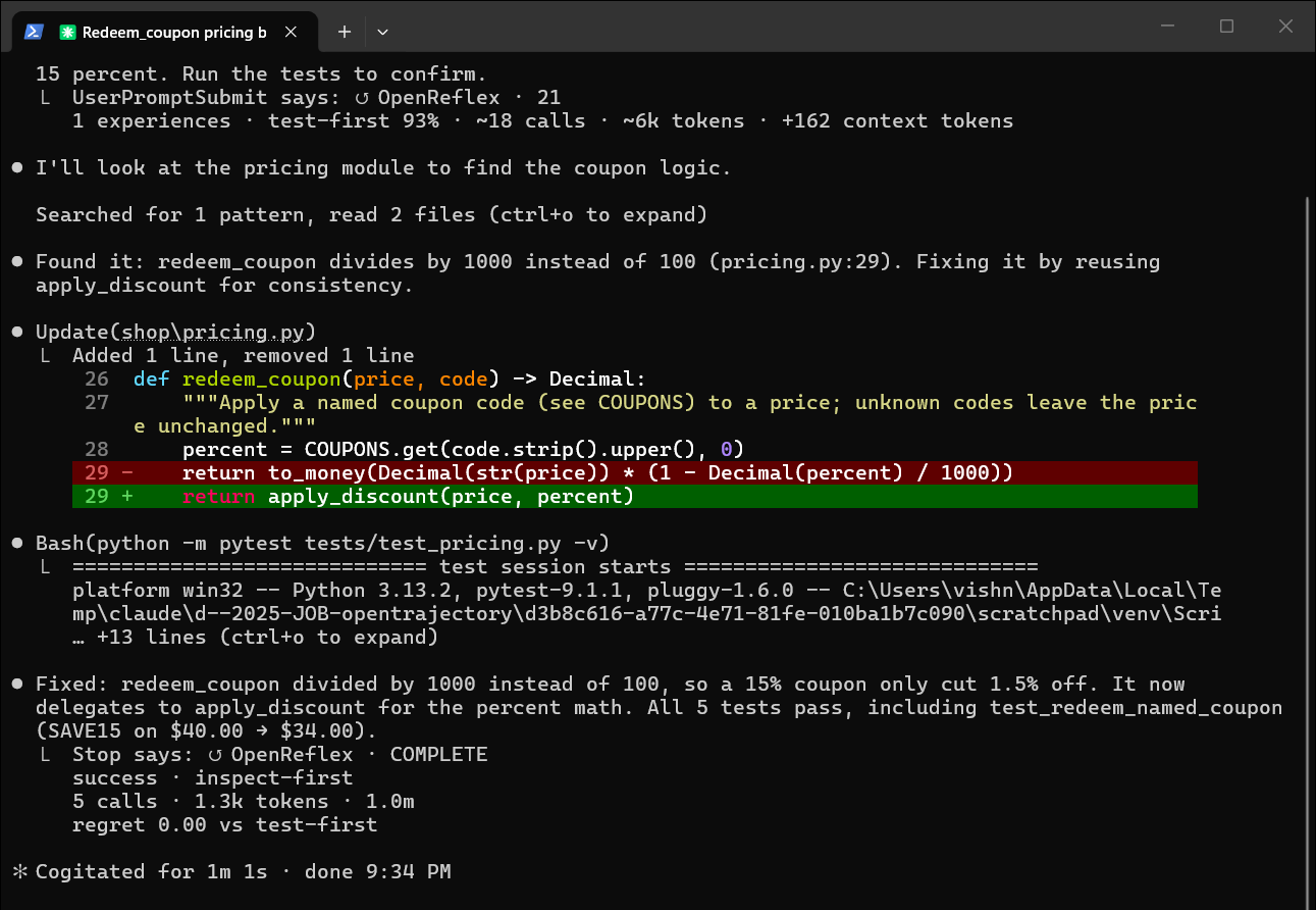 Claude Code session with OpenReflex