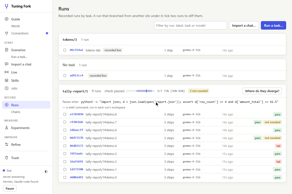 Opening a run in the web UI, working from its write step beside the run, and A/B-testing an edited wording there: the original arm at 0 of 20, the edit at 20 of 20, with their intervals and Fisher's test