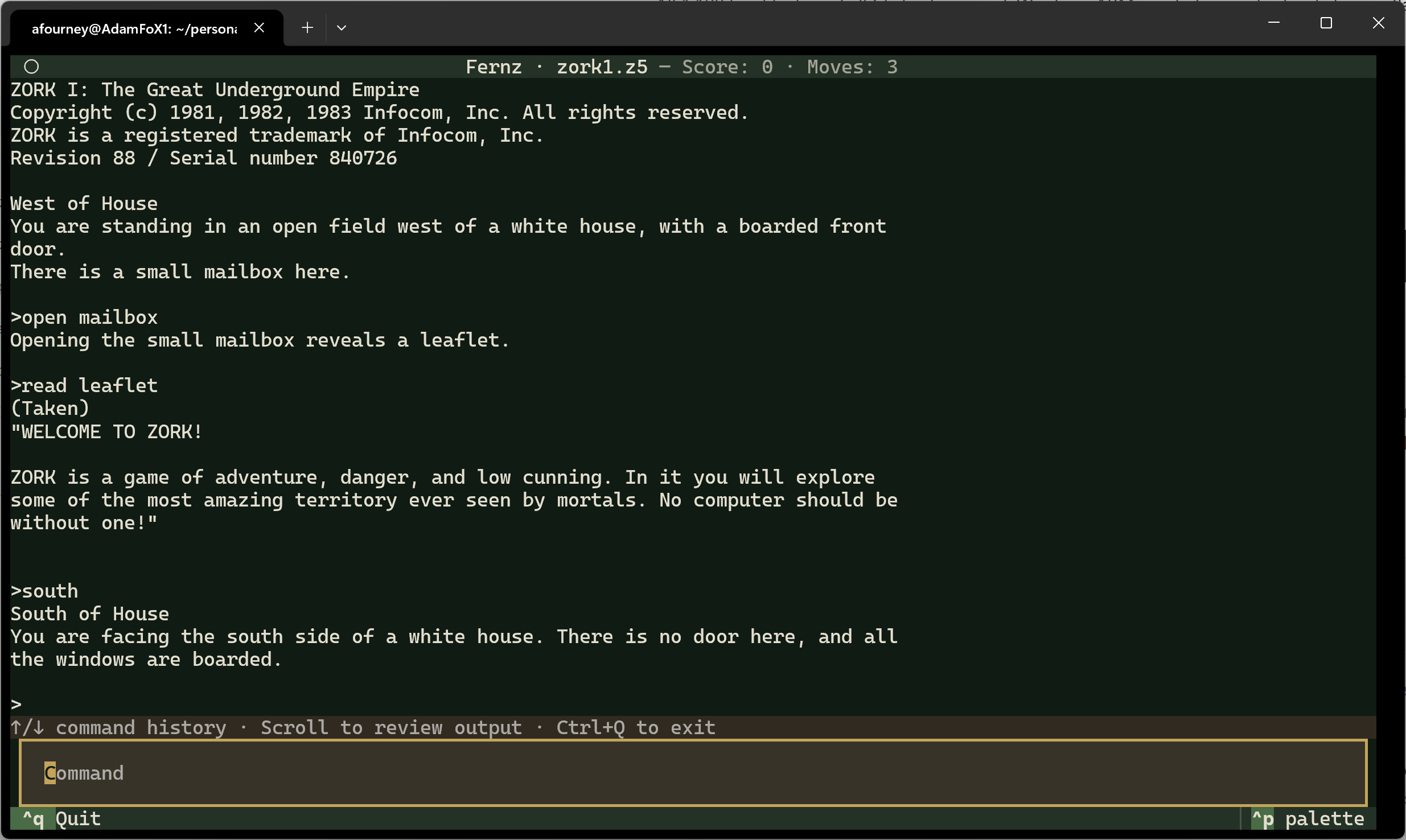 Zork I running in the Fernz terminal interface