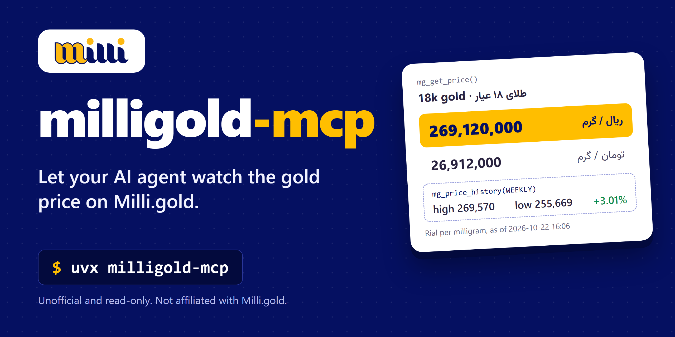 milligold-mcp: unofficial Milli.gold MCP server for Claude, Cursor and Copilot