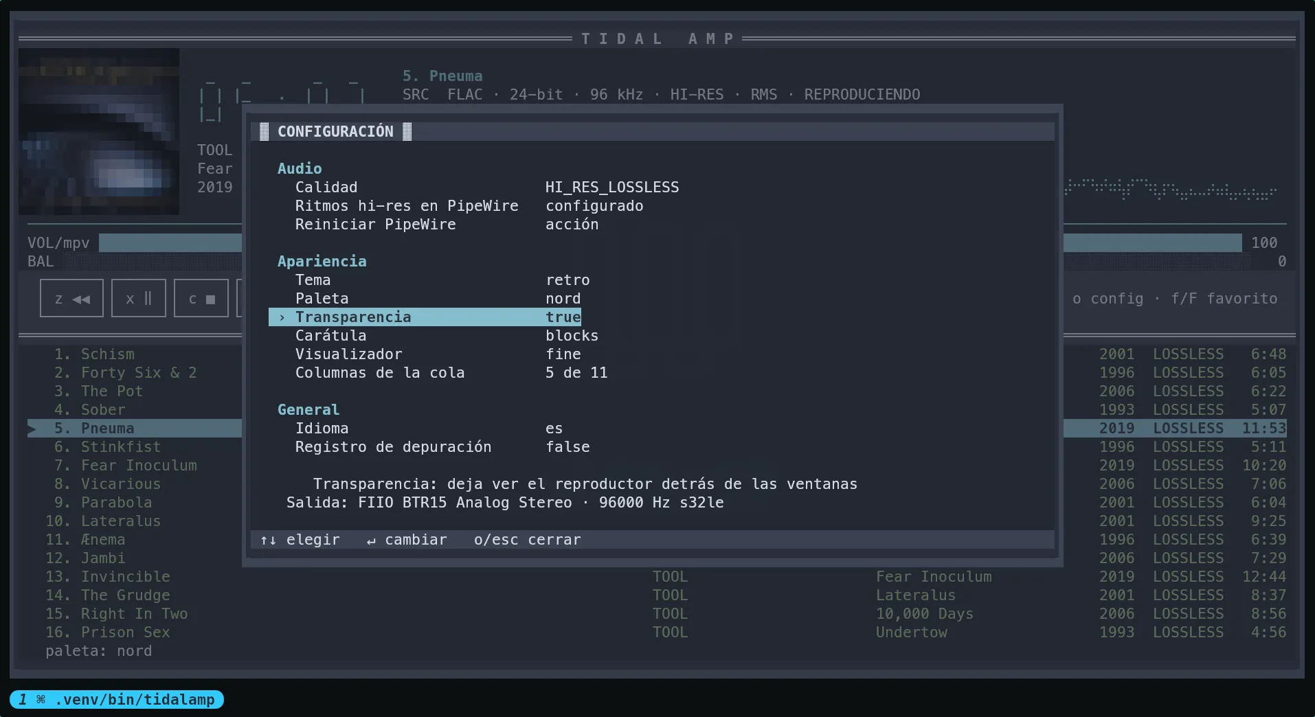 The settings window over a translucent scrim, with the player dimmed behind it: transparency is on and the cover has been moved to blocks