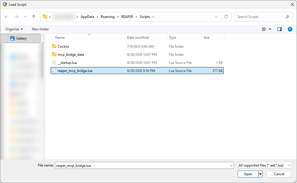 The Load Script dialog in REAPER's Scripts folder with reaper_mcp_bridge.lua selected