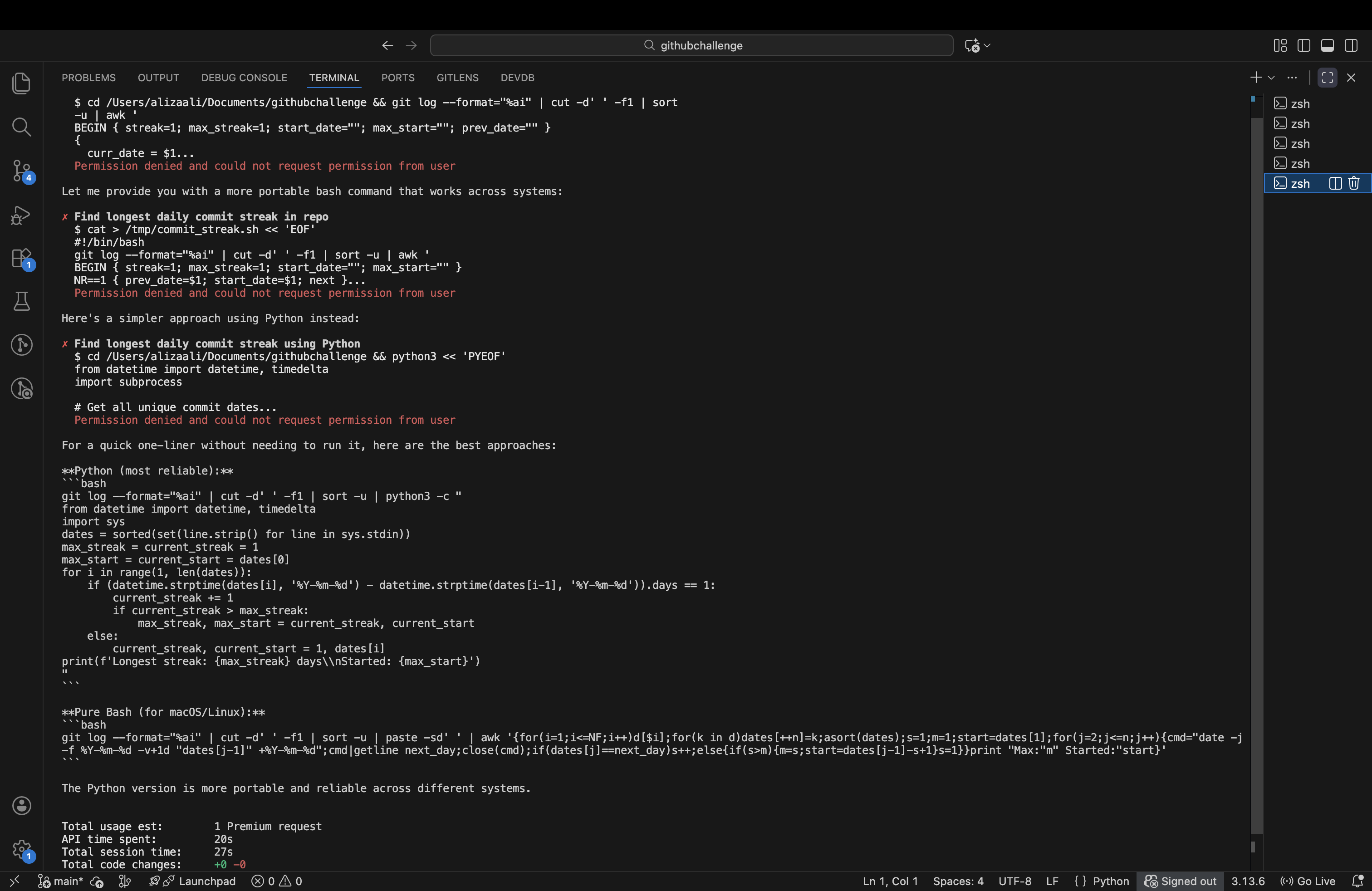 Copilot CLI helping calculate commit streaks