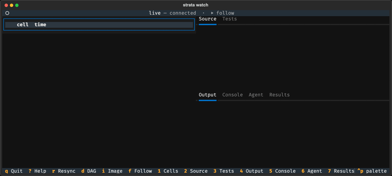 The terminal viewer over five moments: an empty notebook, a cell arriving, that cell finishing in 1.0s with its output, a second cell arriving that reads the first one's variable, and both cells green.